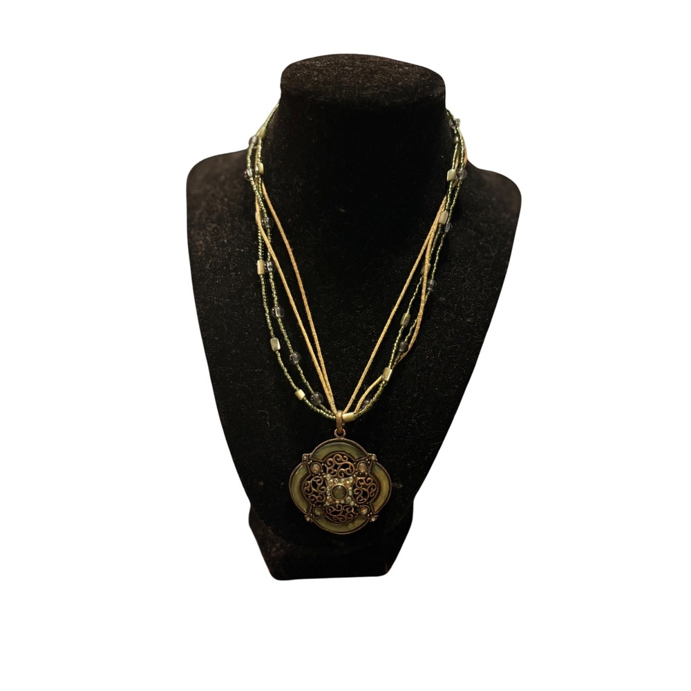 Boho Layered Pendant Necklace Green Beads Gold Tone Statement Jewelry